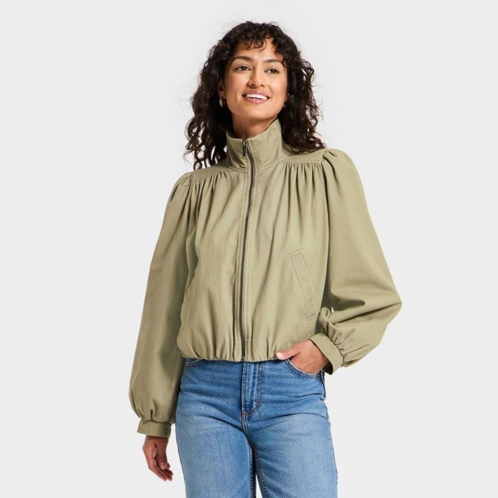 Universal Thread Olive Green Puff-Sleeve Zip Jacket